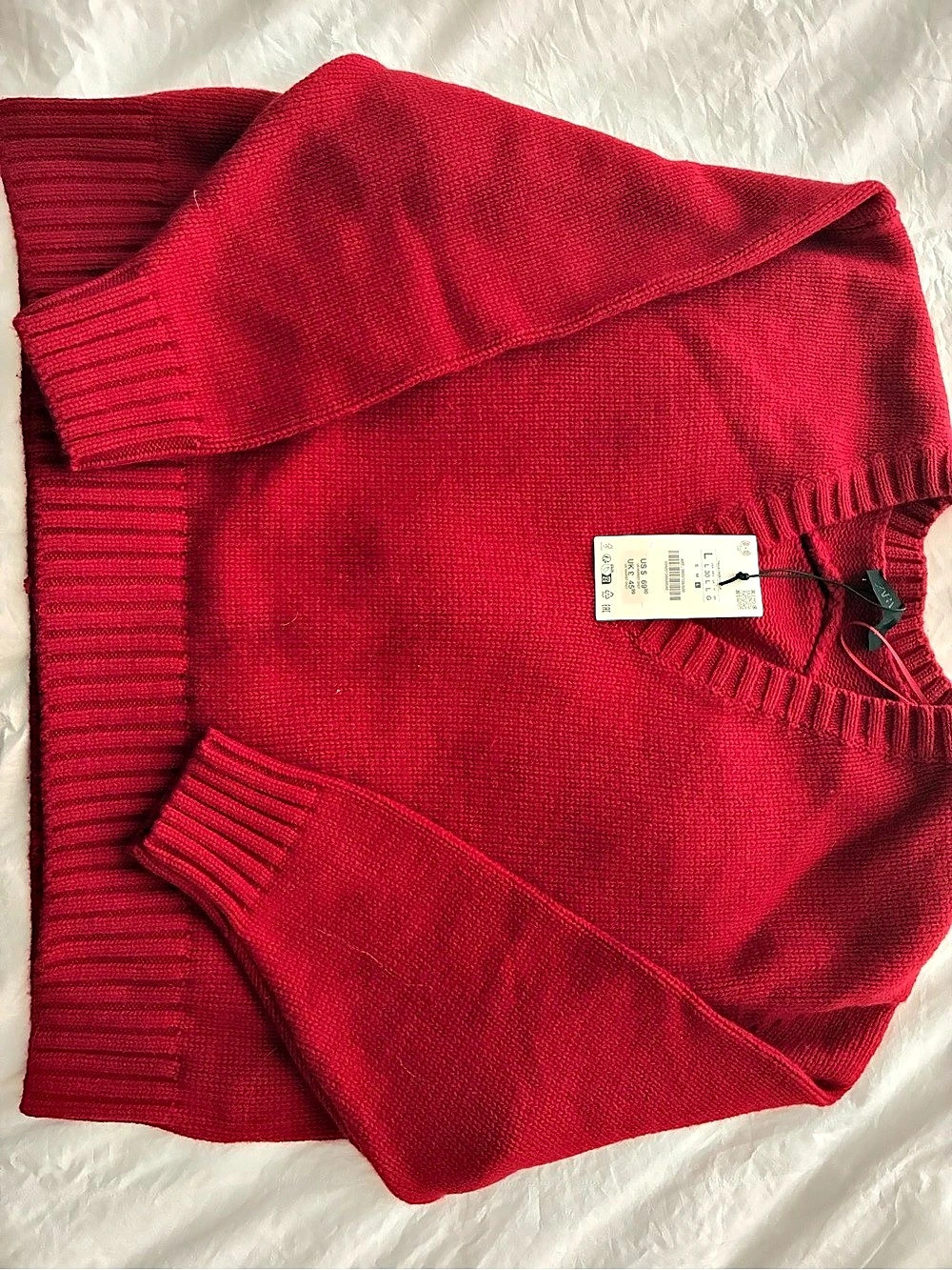 Zara Oversized Knit Sweater Red V-Neck Sweater Size Large NWT